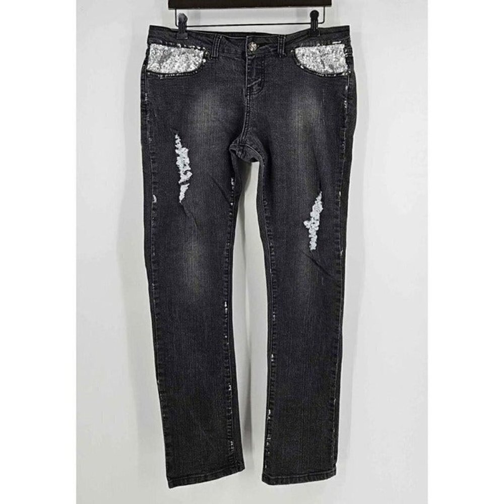 Jane Doe Dark Wash Stretch Skinny Jeans Distressed Silver Sequin Pockets Sz 11